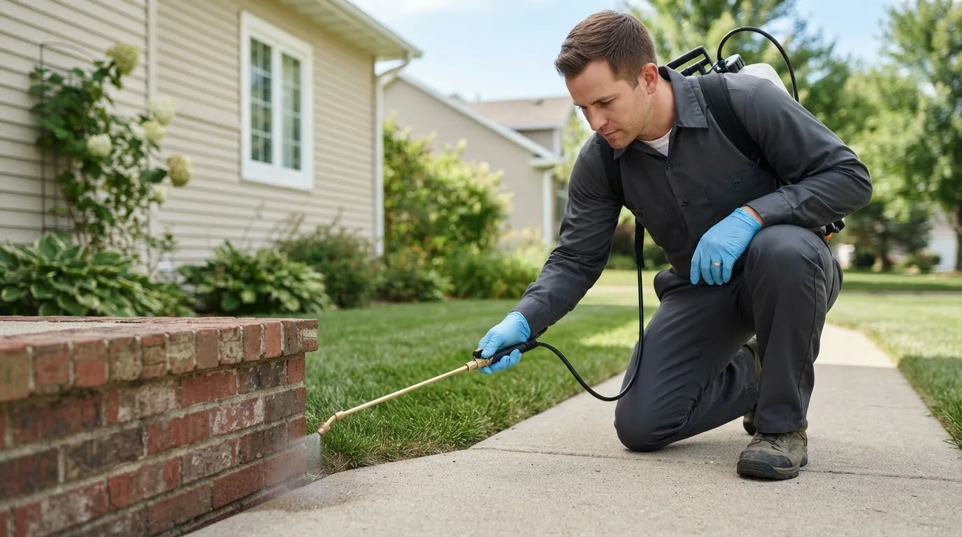 Pest control technician treating a home near Bondurant, IA