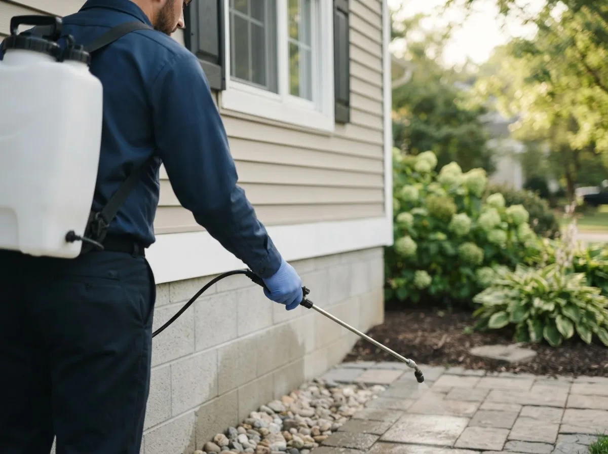 Pest control technician inspecting a home in Bondurant, IA